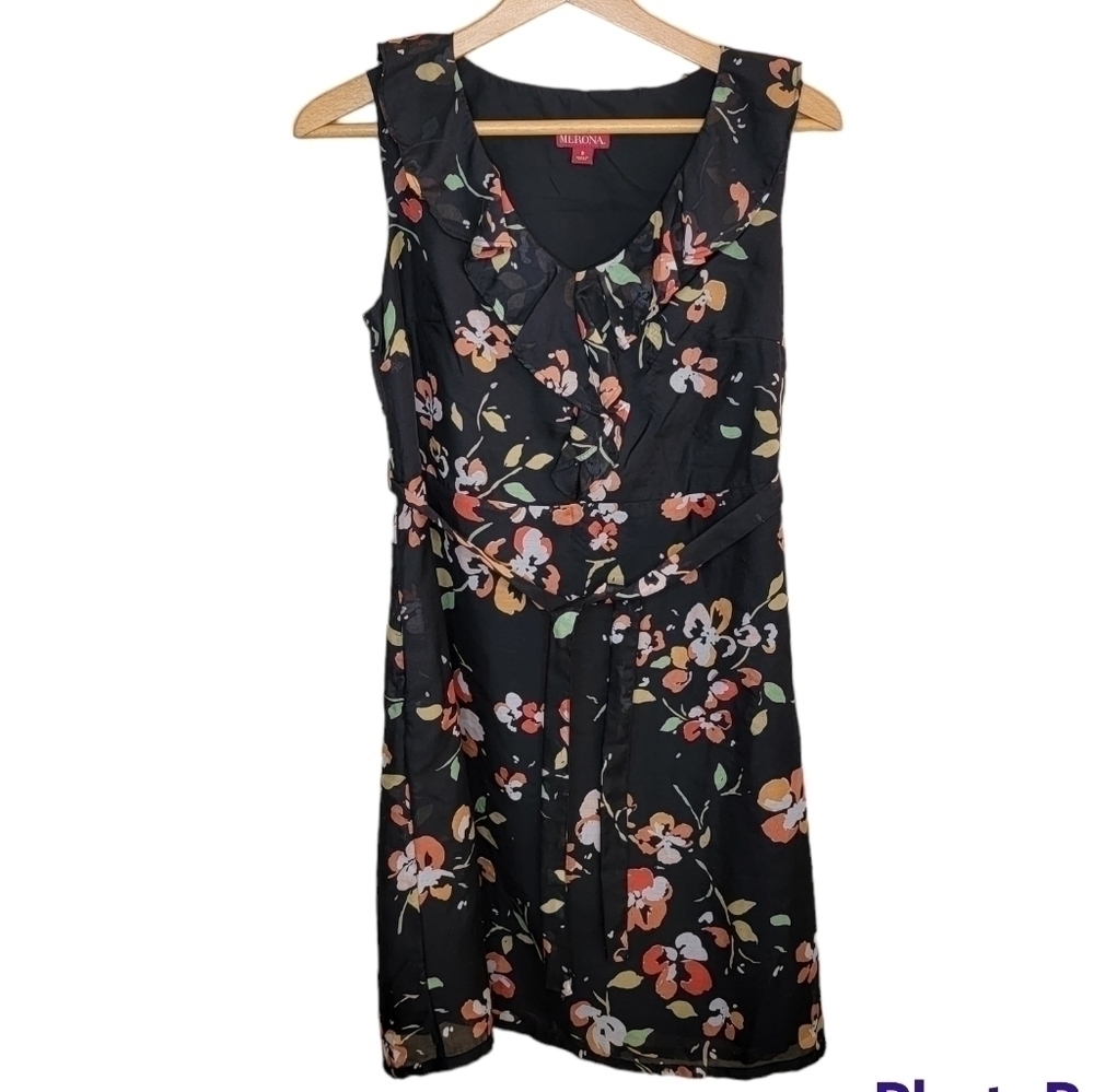 Merona Black Orange Yellow Cream Floral Ruffle Neckline Dress Size 6